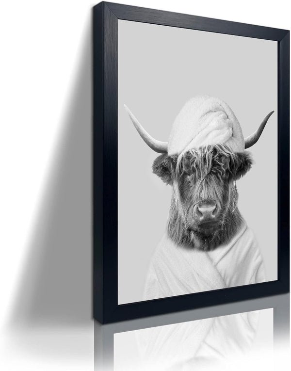 Funny Highland Cow Framed Wall Art, Black and White Canvas Cow in Bathroom Picture, Rustic Style Artwork 8"x10"