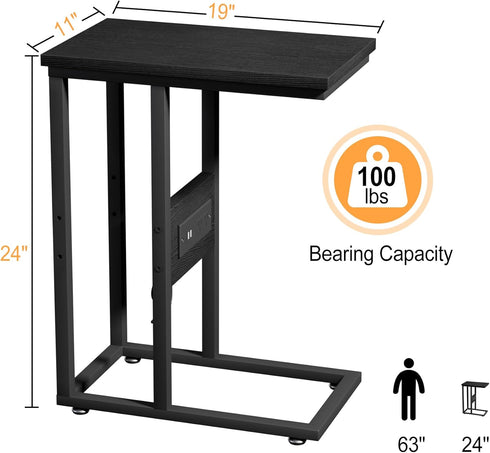 1 Set,Black VECELO C Shaped End Table with Charging Station & Power Outlets, Quick Access Side Table for Sofa, C