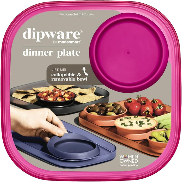 Madesmart Dinner Plate with Collapsible Dip Bowl for Meals and Appetizers; Reusable Serving Plate with Multipurpose