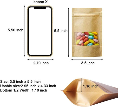 100 Pcs Resealable Stand Up Kraft Paper Bags with Window for Packaging Products, Zip Lock Food Storage