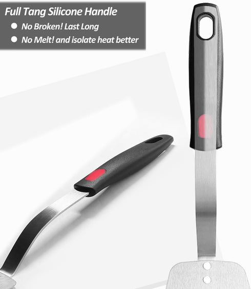 Stainless Steel Flexible Spatula - Solid Turner for Cast Iron Skillet, Thin Blade & Heat Resistant Silicone Handle