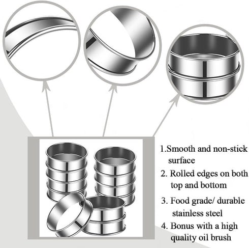 8 Pack 4 Inch Stainless Steel English Muffin Rings, Double Rolled Tart Rings for Baking Pastry Cooking