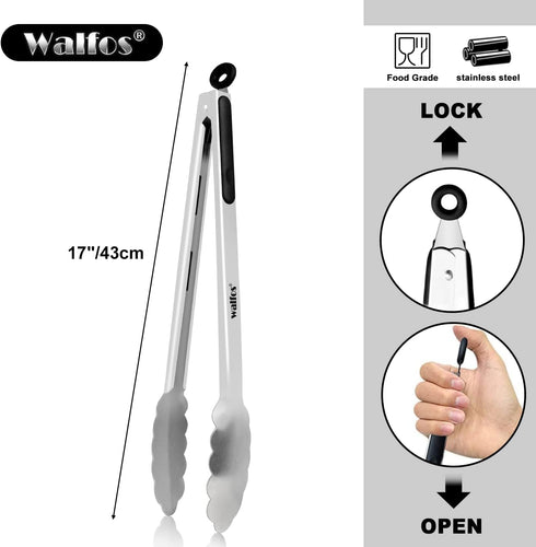 Walfos 17 Inch Extra Long Grill Tongs, Stainless Steel BBQ Tongs for Grilling, Cooking, and Turning Food
