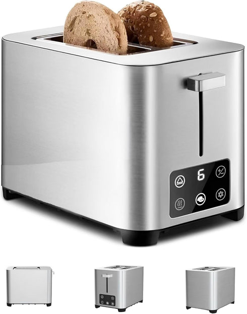 Bread Toaster 2 Slice - Touchscreen Stainless Steel Toaster with 6 Settings, LED Display, Digital Toaster for Bagels &