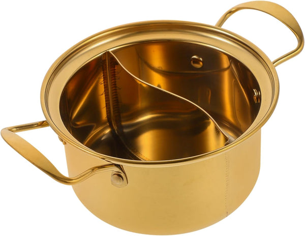 Golden Stainless Steel Small Hot Pot with Divider, Individual Cooking Pot for Noodles, Milk
