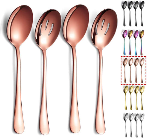 Rose Gold Serving Spoons, 4 Pieces Kyraton Titanium Plating, 2 Serving Spoons and 2 Slotted Spoons, Stainless Steel Set