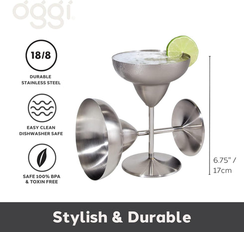 Oggi Stainless Steel Margarita Glasses, 12oz, Set of 2, Unbreakable for Outdoor Use