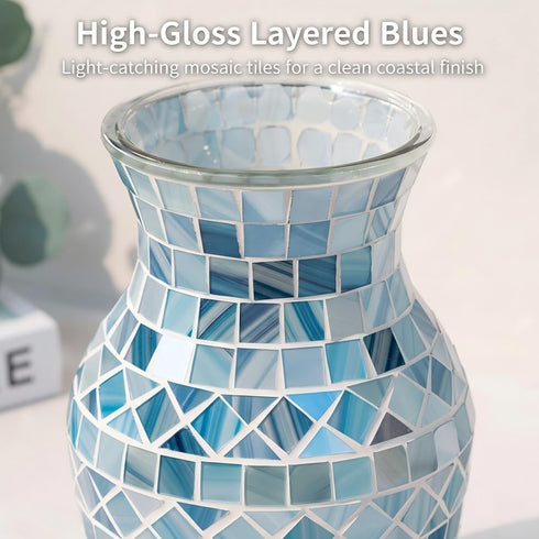 8 Inch Blue Vases for Home Decor, Light Blue Mosaic Vase, Decorative Glass Flower Vases for Centerpieces Living Room