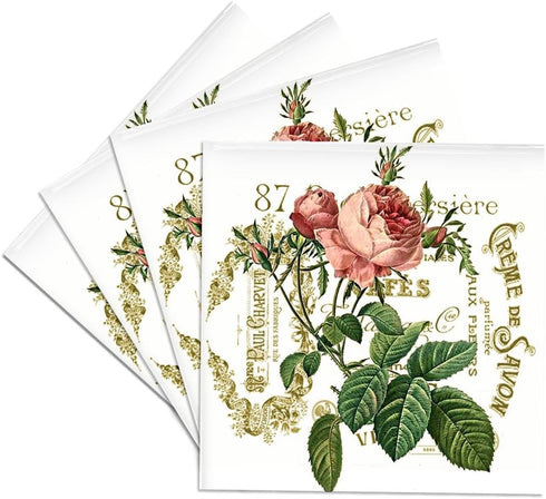 3dRose French Pink Rose Vintage-Ceramic Tile Coasters, Set of 4