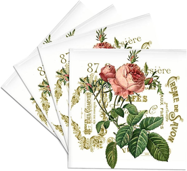 3dRose French Pink Rose Vintage-Ceramic Tile Coasters, Set of 4
