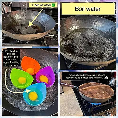 Poached Egg Cooker, Silicone Egg Poacher Cups with Ring Standers, Non Stick for Microwave Stovetop Air Fryer, 4 Pack