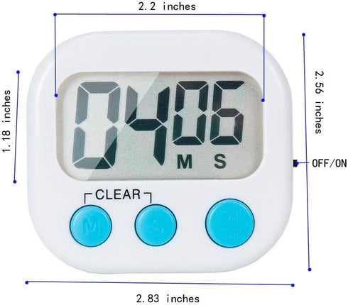 6 Pack Small Digital Kitchen Timer with Magnetic Back and ON/Off Switch - White