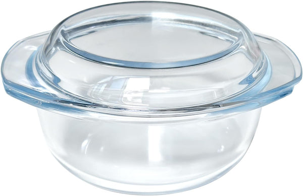 Mini Clear Glass Casserole Dish with Lid, Small 1-QT Round Tempered Glass Bowl