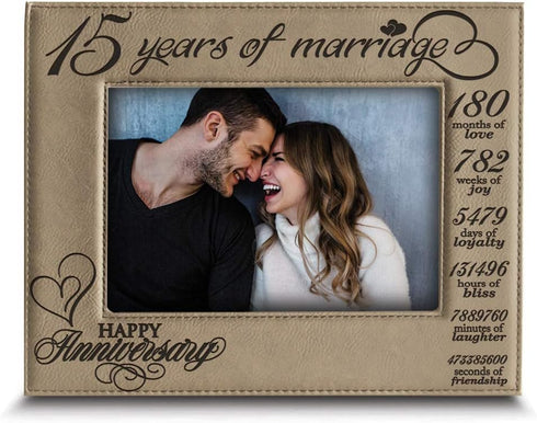 BELLA BUSTA 15 Years of Marriage Happy Anniversary Engraved Leather Picture Frame, 5 x 7 Horizontal