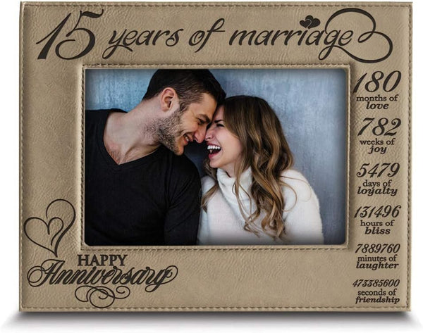 BELLA BUSTA 15 Years of Marriage Happy Anniversary Engraved Leather Picture Frame, 5 x 7 Horizontal