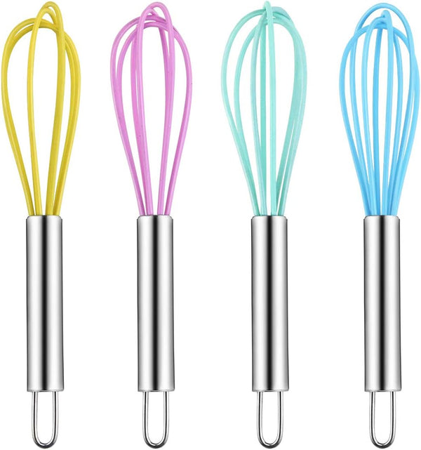 4 Pack Colorful Mini Silicone Kitchen Whisks, Stainless Steel Handles for Milk Egg Blending, 6 Inches