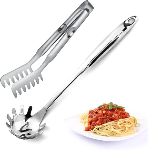 Pleafind 2-Piece Spaghetti Spoon and Tong Set, 13-Inch Non-Stick Fork and 9-Inch Kitchen Tong, Stainless Steel