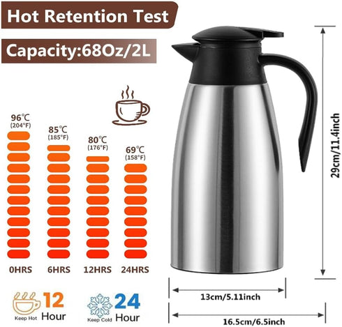 68 Oz Insulated Thermal Coffee Carafe, Stainless Steel Double Walled Vacuum Thermos for Hot Beverages, Silver
