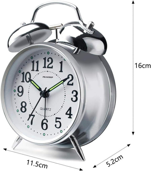 Peakeep 4 inches Twin Bell Loud Alarm Clock for Heavy Sleepers, Chrome Finish