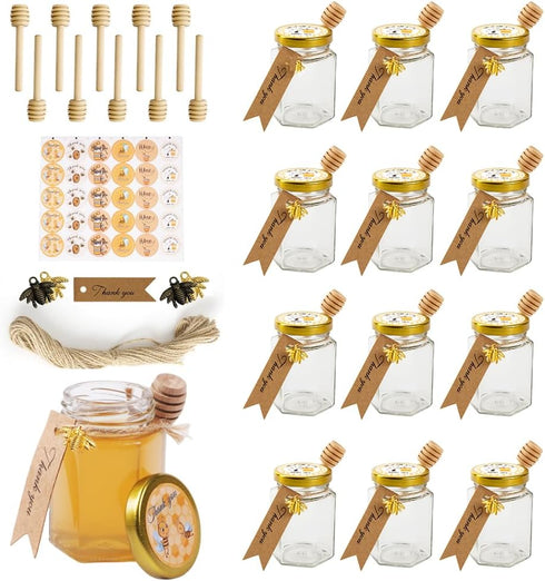 Rormket 12 Pack 4oz Glass Hexagon Honey Jars Golden Lids - Extra Wooden