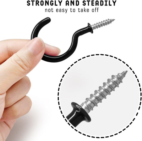 25 Pack Cup Hook Ceiling Hooks, 2.9 Inches, Vinyl Coated Screw-in Hanger for Indoor and Outdoor Use - Black