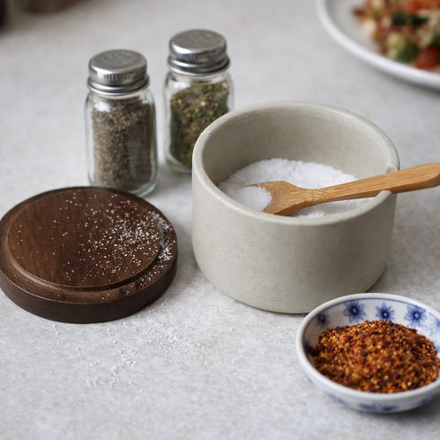 Rliguanrui 3.5" Countertop Handmade Ceramic Salt Cellar with Acacia Wood Lid & Spoon - Wide Mouth Kitchen Jar for Salt
