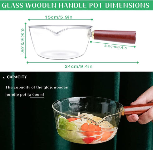 DOERDO Clear Glass Pot Milk Pan with Wooden Handle Breakfast Cooking Pot Glass Cookware for Home Kitchen Open Flame Heating Milk Pot (Clear 600ml)