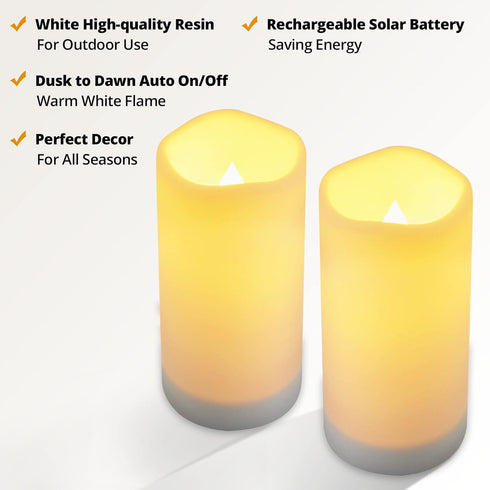 Set, 3.25" 6" NURADA Large Outdoor Solar Powered Candles - Flameless Pillar Waterproof Rechargeable Candle White Resin