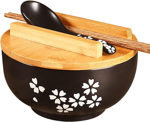 WHJY Black Ceramic Bowl with Lid, Spoon, and Chopsticks for Soup, Rice, Noodles, Japanese Traditional Style Tableware