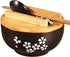WHJY Black Ceramic Bowl with Lid, Spoon, and Chopsticks for Soup, Rice, Noodles, Japanese Traditional Style Tableware