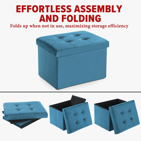17x13x13in(Blue) LINMAGCO Storage Ottoman Folding Foot Stool Velvet Foot Rest with Padded Modern Ottoman with Storage