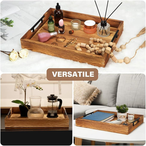 17x13'' 2 LotFancy Large Ottoman Tray for Living Room, Wood Serving Tray with Handles, Home Dcor for Coffee Table