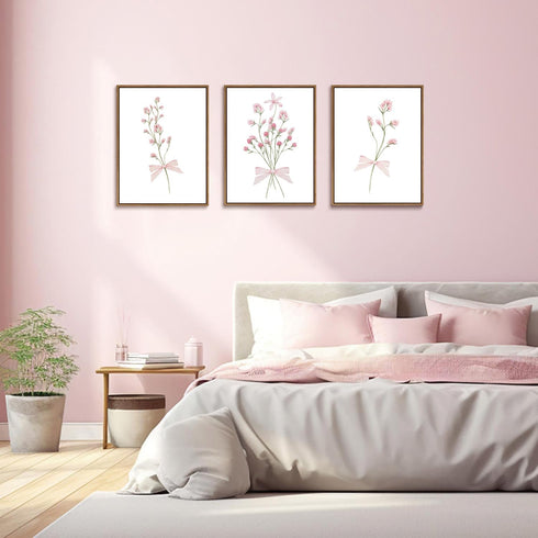 SongZest 3 12x16in Piece Pink Floral Framed Wall Art Boho Flower Nursery Canvas Art Prints Wildflower Bow Pictures Wall