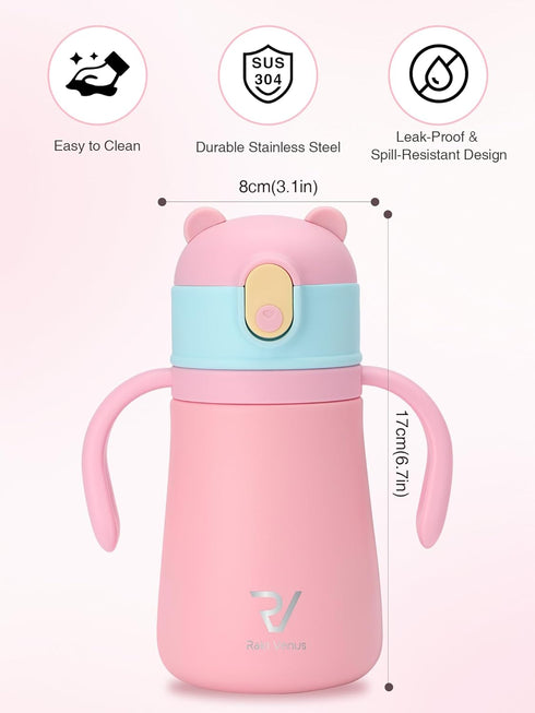 Raki Venus 12oz Kids Insulated Water Bottle Double-Wall Vacuum Kids Water Bottle with Hygiene Silicone Straw