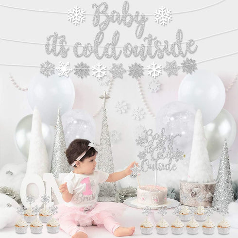 Baby It’s Cold Outside Party Decorations, Silver Banner, Snowflake Balloons, Garland