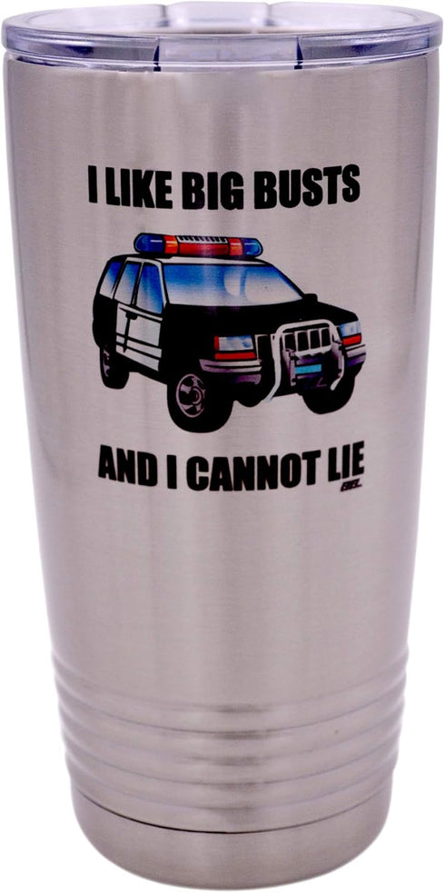 Rogue River Tactical Funny Police Officer Travel Tumbler Mug Cup, 20 Ounce with Lid, I Like Big Busts Thin Blue Line PD