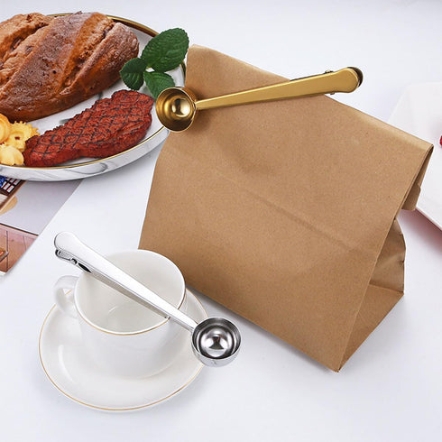 Coffee Scoop Clip, Stainless Steel Tablespoon Coffee Spoon with Long Handle, Multifunction Sealing Bag Clip for Kitchen