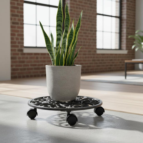 12" 1 Comfy Hour Cast Iron Plant Caddy with Wheels, Heavy Duty Rolling Flower Pot Stand, Decorative Victorian Style