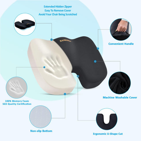 Tailbone SAIREIDER Seat Cushion and Lumbar Support Pillow for Office Chair, Memory Foam Car Seat Cushions Back Support