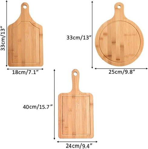 Bamboo Cutting Board Set 3PCS,Meat Chopping Boards,Pizza Peel Paddle with Handle for Homemade Baking Pizza Bread Cake Fruit Vegetables (3PCS Set- Board)