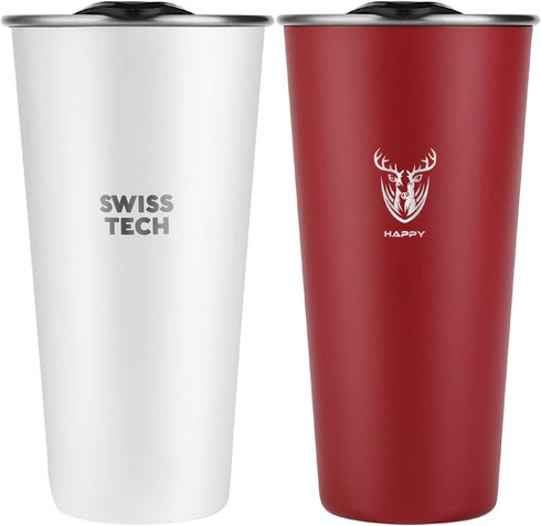 Swiss+Tech 16oz Stainless Steel Cups, 2 Pack Double Wall Pint Glasses, Insulated Tumbler with Lid (Red&White)