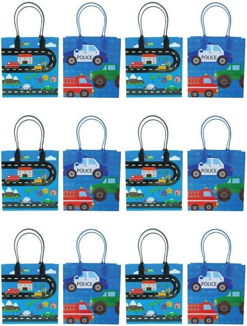 Tiny Mills Cars Fire Trucks Transportation Party Favor Bags, Pack of 12 Treat Bags with Handles for Toddler Birthday