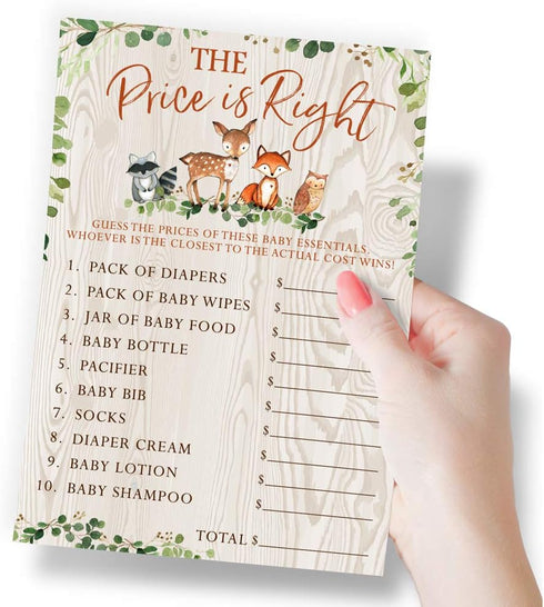Printed Party Baby Shower Games – The Price is Right Game, Woodland Forest Animals Theme, 50 Cards