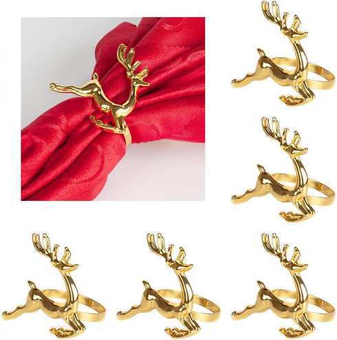 6Pcs Gold Deer Napkin Rings, Elk Chic Napkin Ring Holder for Christmas, Thanksgiving, Holiday Gatherings, Dinner Parties