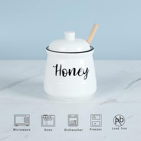 Set 12oz,Easy HAOTOP Farmhouse Porcelain Honey Jar with Dipper and Lid to Clean (White)