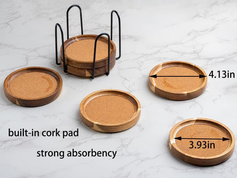 Set 6 WLWNWFT Coasters for Drinks Absorbent with Holder, Acacia Wood Cork Coaster for Coffee Table Wooden Table Coaster