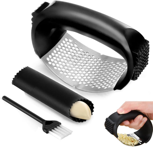 Garlic Press Rocker SetStainless Steel Garlic Mincer Tool with Garlic Peeler and