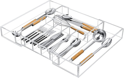 NIUBEE Expandable Kitchen Drawer Organizer for Flatware, Clear Acrylic Adjustable Silverware Tray with 9 Compartments