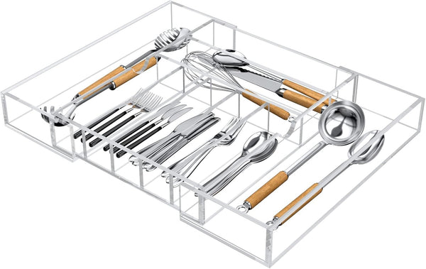 NIUBEE Expandable Kitchen Drawer Organizer for Flatware, Clear Acrylic Adjustable Silverware Tray with 9 Compartments