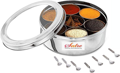 Stainless Steel Spice Box – Heavy Spice Box with Glass Lid, 7 Containers and 7 Spoons, Color-Silver